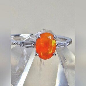 925 Sterling Silver Ring with Natural Orange Opal Gemstone